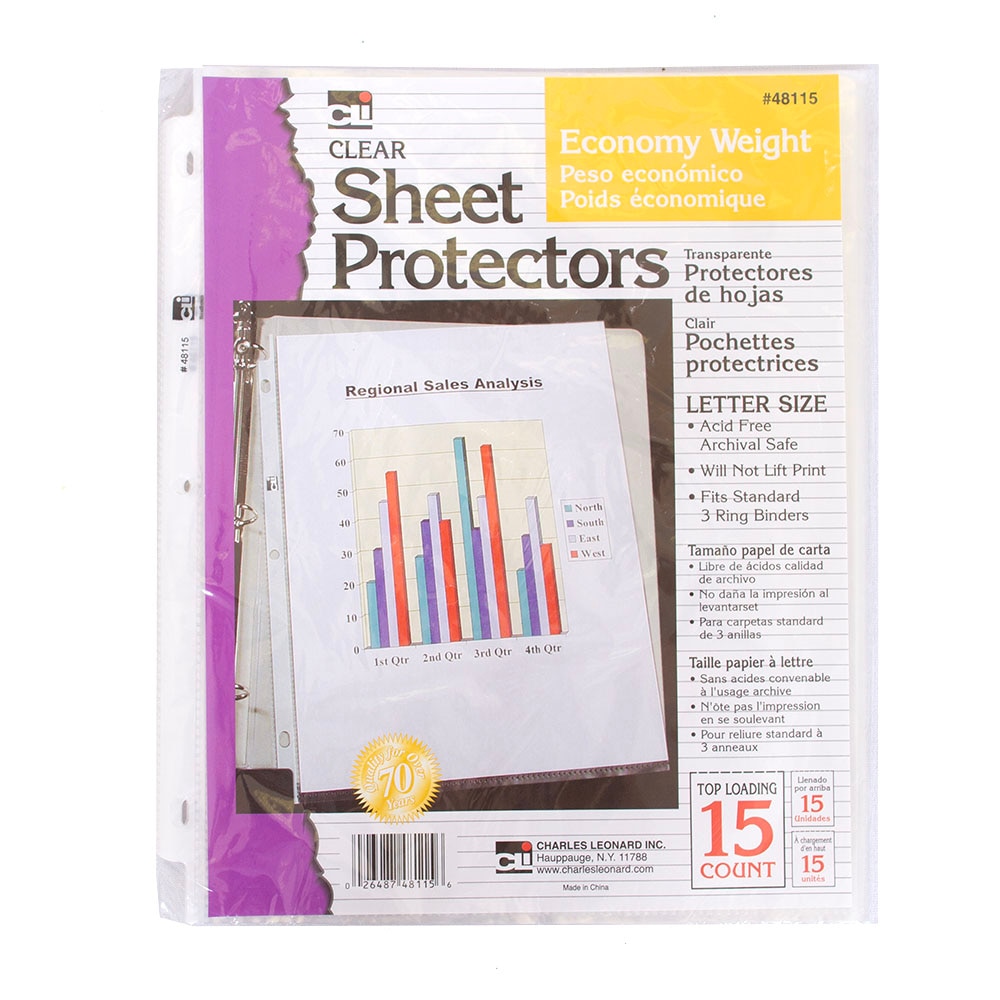 Leonard, Accessories, Art & School, 8.5"x11", Economy Weight, Clear, Sheet Protector, 15 count, 607109